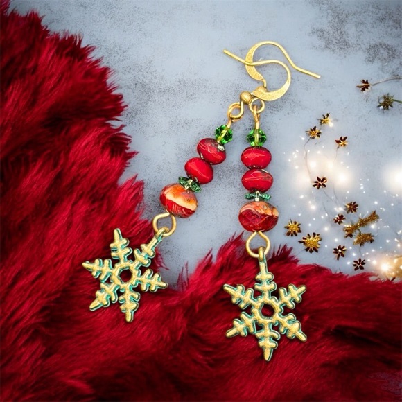 Hand Crafted Jewelry - Handcrafted Red & Green Snowflake Earrings
